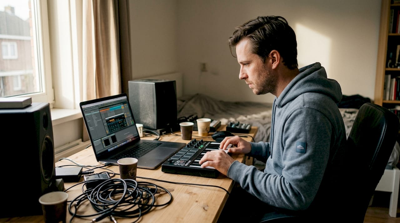 Een muziekproducer is bezig met het inrichten van zijn eigen studio thuis.