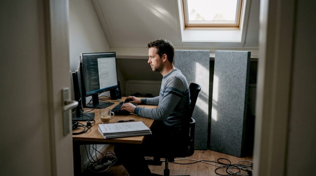 Man aan het werk in zijn eigen thuisstudio met optimale akoestiek