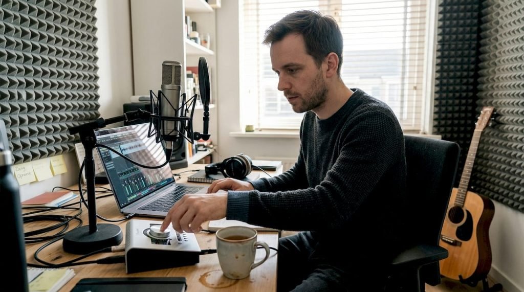 Een producer zit achter zijn bureau in de thuisstudio en stelt de instellingen van de interface bij.