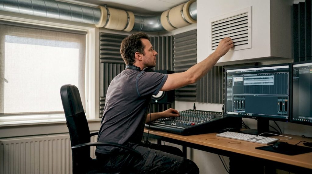 De geluidstechnicus stelt het ventilatierooster in de studio bij.