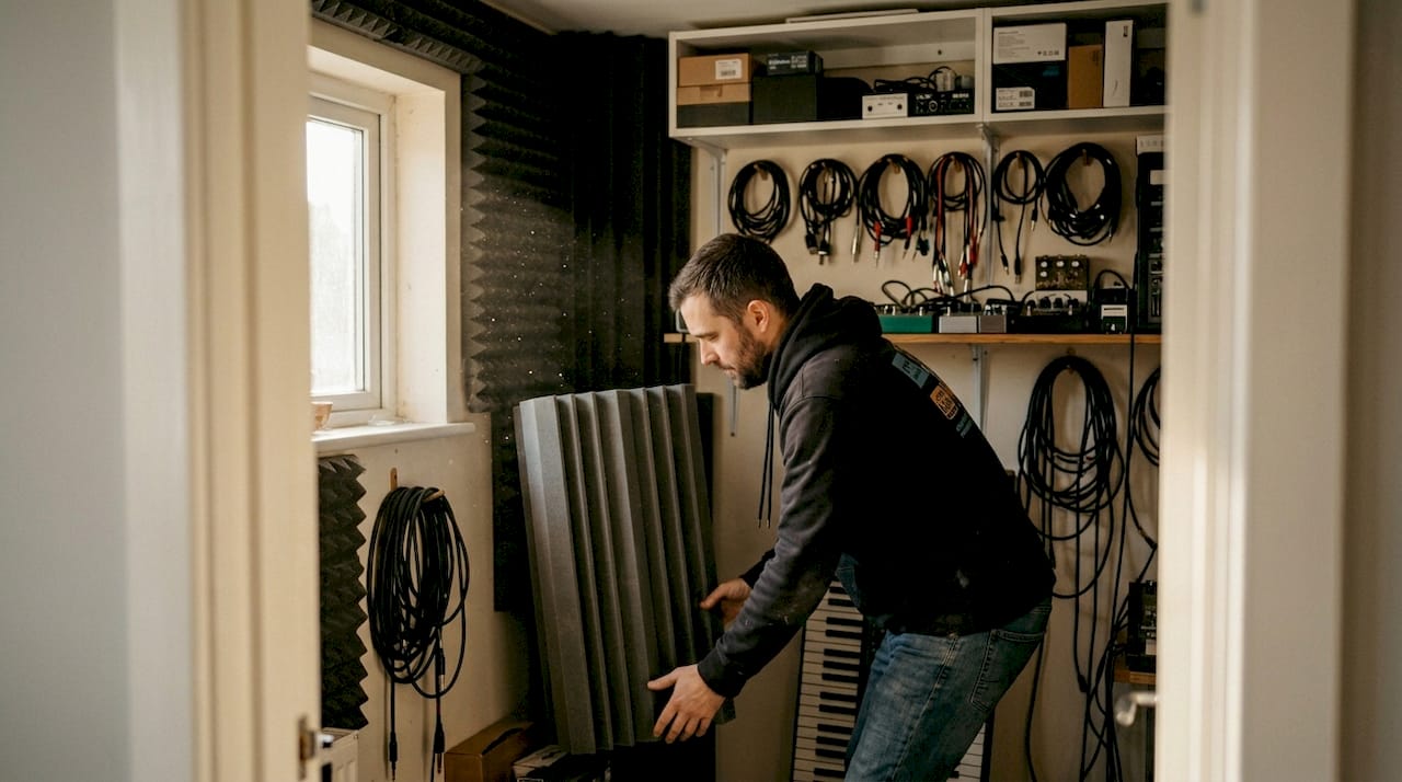 Man plaatst een basval in de hoek van zijn studio