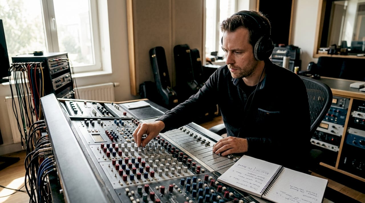 Een studiotechnicus die aan de knoppen draait van apparatuur van Rupert Neve Designs.