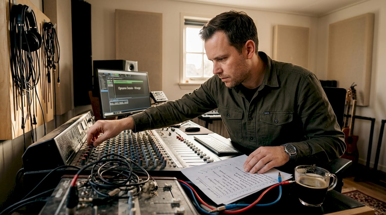 Een geluidstechnicus zit achter de mengtafel in zijn thuisstudio.