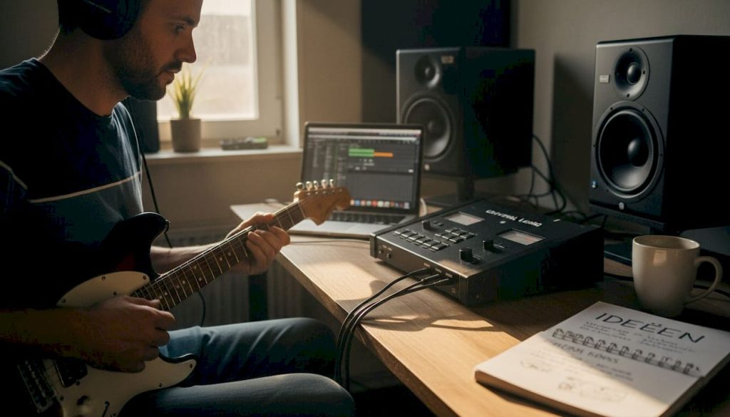Producer speelt thuis gitaar via zijn Universal Audio Apollo interface