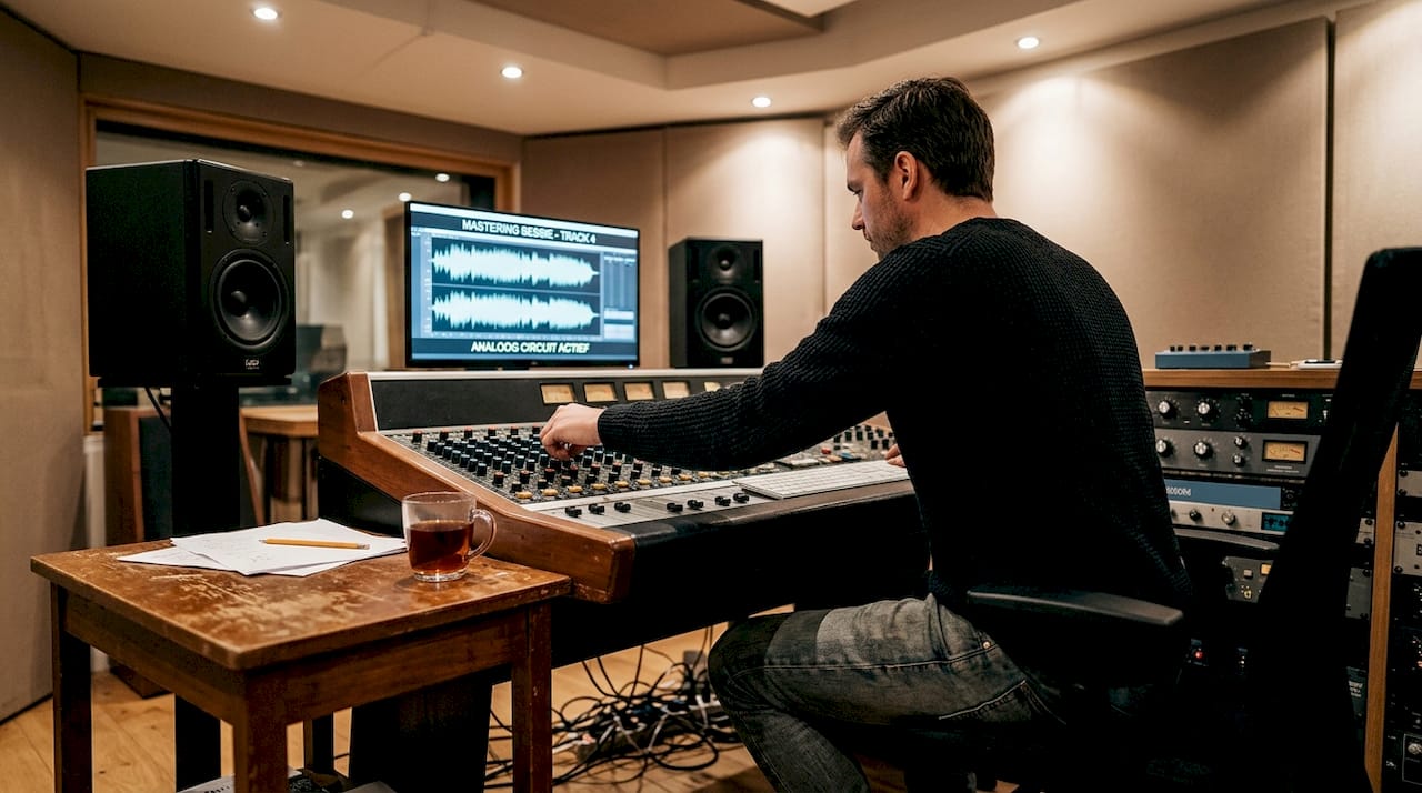 Een mastering engineer aan het werk achter de mengtafel in de studio.
