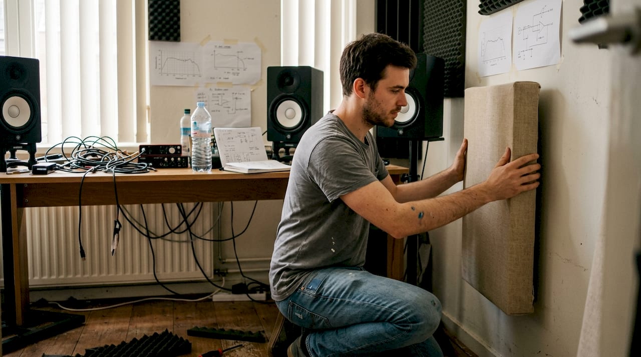 Een technicus brengt geluidsdempende panelen aan in de studio.