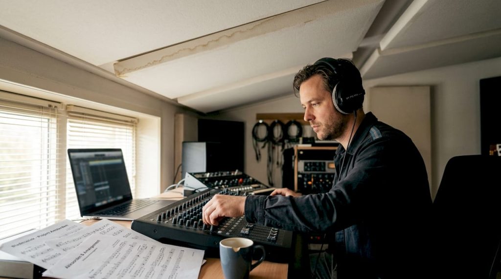Een geluidstechnicus aan het werk in een studio met een akoestisch plafond.