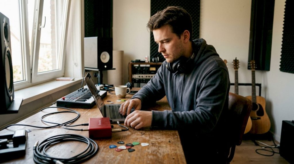 Een muziekproducer sluit een audio-interface aan in zijn thuisstudio.