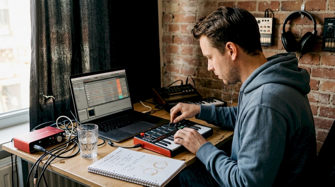 In zijn thuisstudio is de producer druk bezig met het opzetten van een nieuwe MIDI-setup.