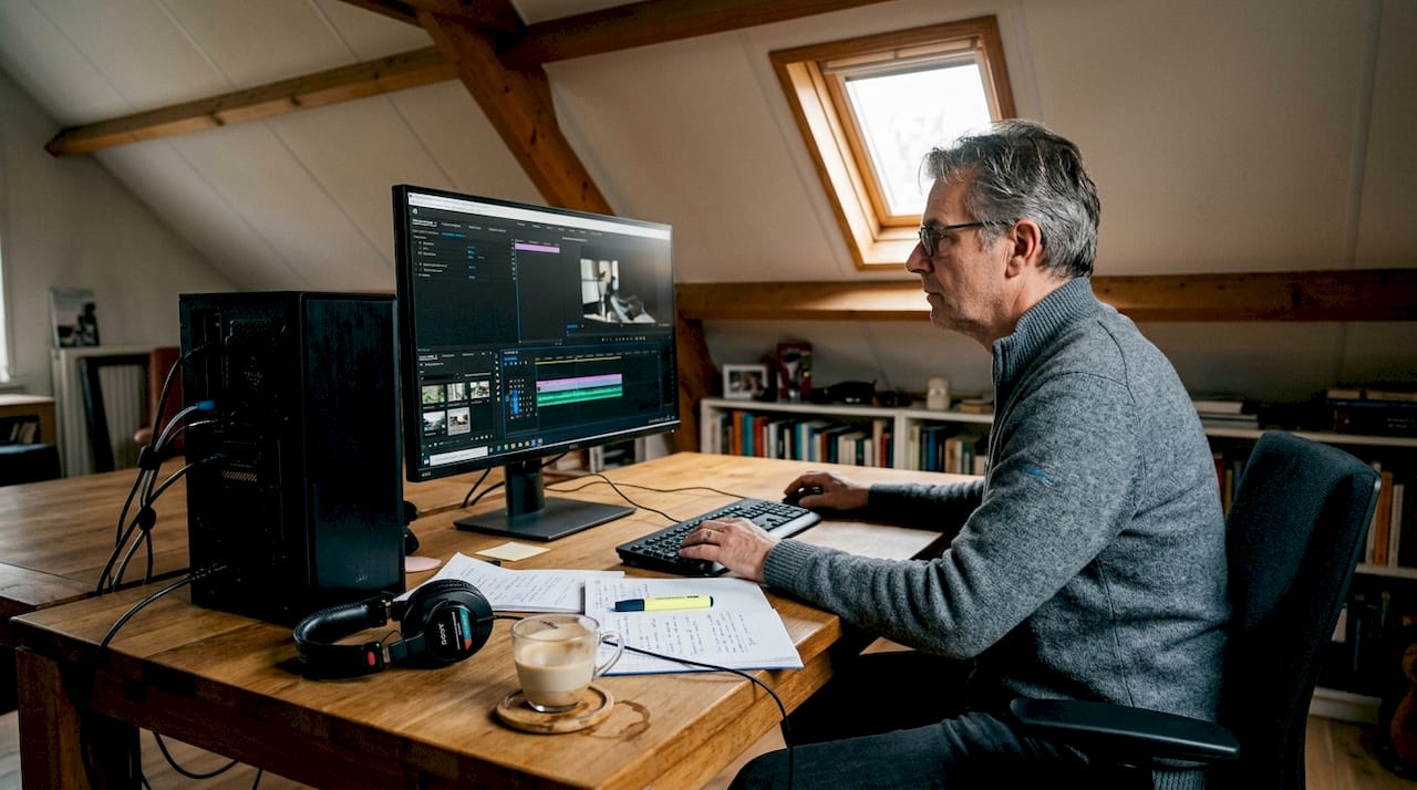 De ideale computer voor videobewerking: eisen en specs 2 Een videomaker bewerkt beelden achter zijn computer in zijn eigen thuisstudio.