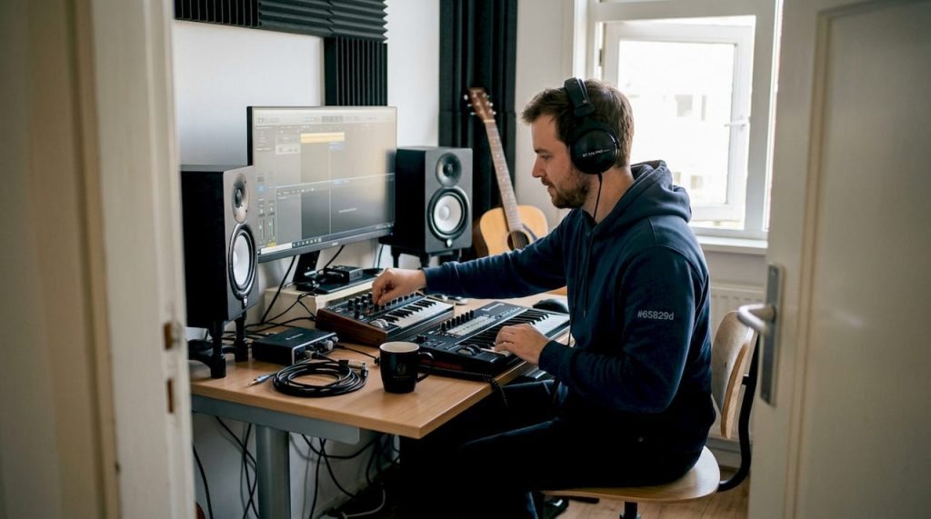 Kleine thuisstudio waar een producer achter zijn bureau aan het werk is