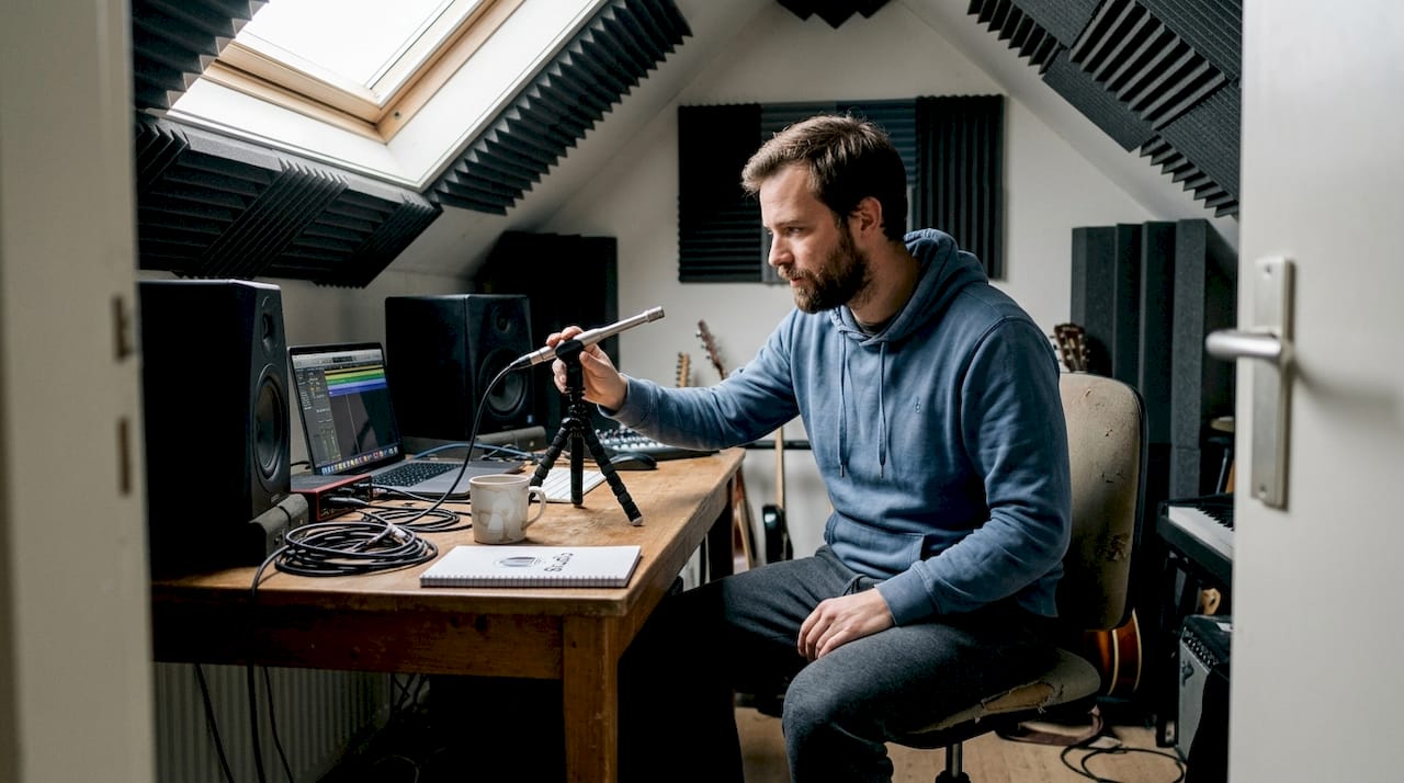 Man controleert de akoestiek in zijn thuisstudio