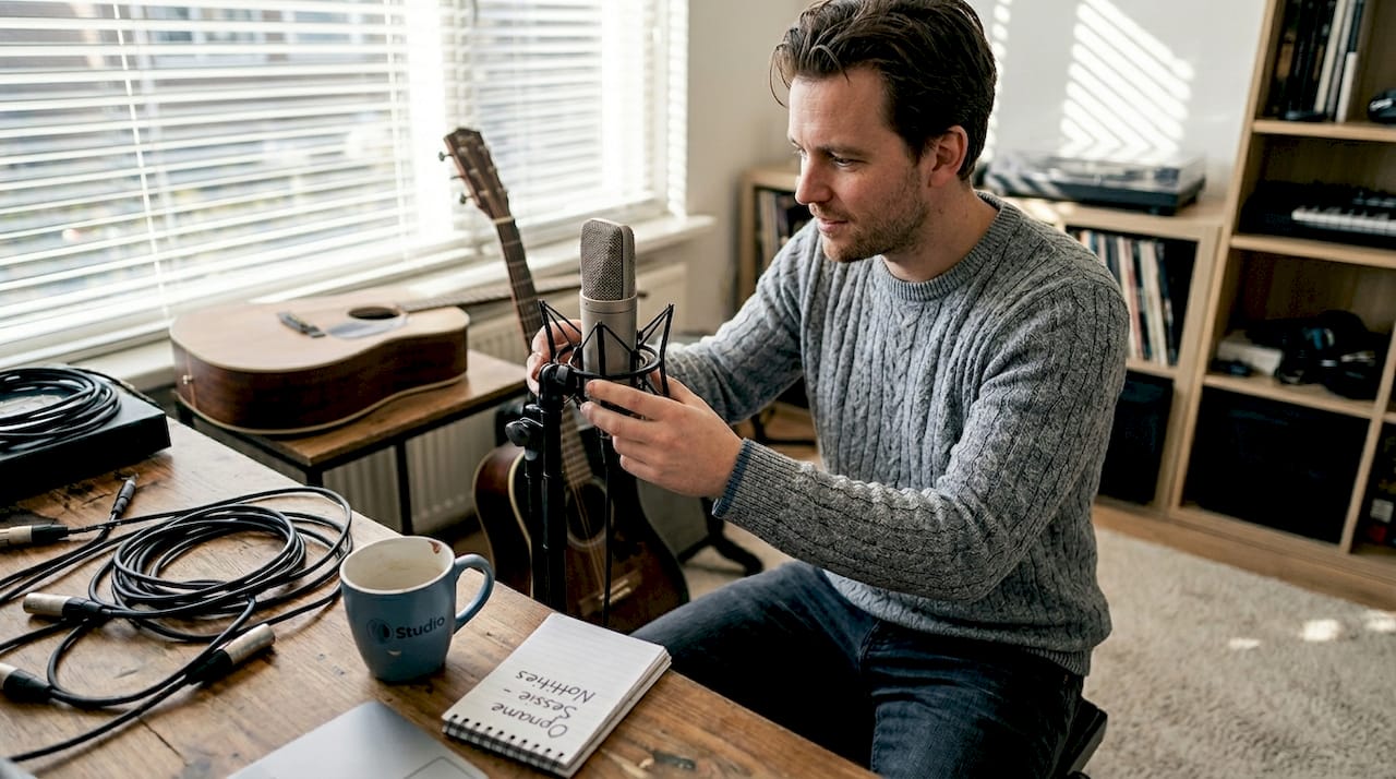 Muzikant stelt microfoon af in zijn thuisstudio