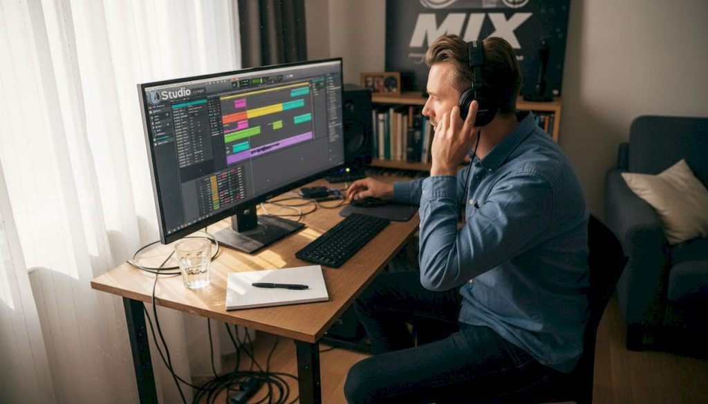 Een geluidstechnicus die achter zijn thuisstudio aan het mixen is.