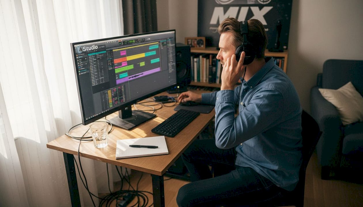 Een geluidstechnicus die achter zijn thuisstudio aan het mixen is.