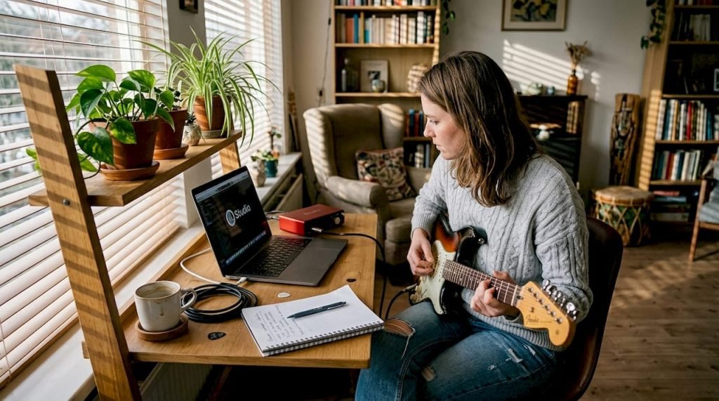 Een muzikant installeert een audio-interface in zijn eigen studio aan huis.