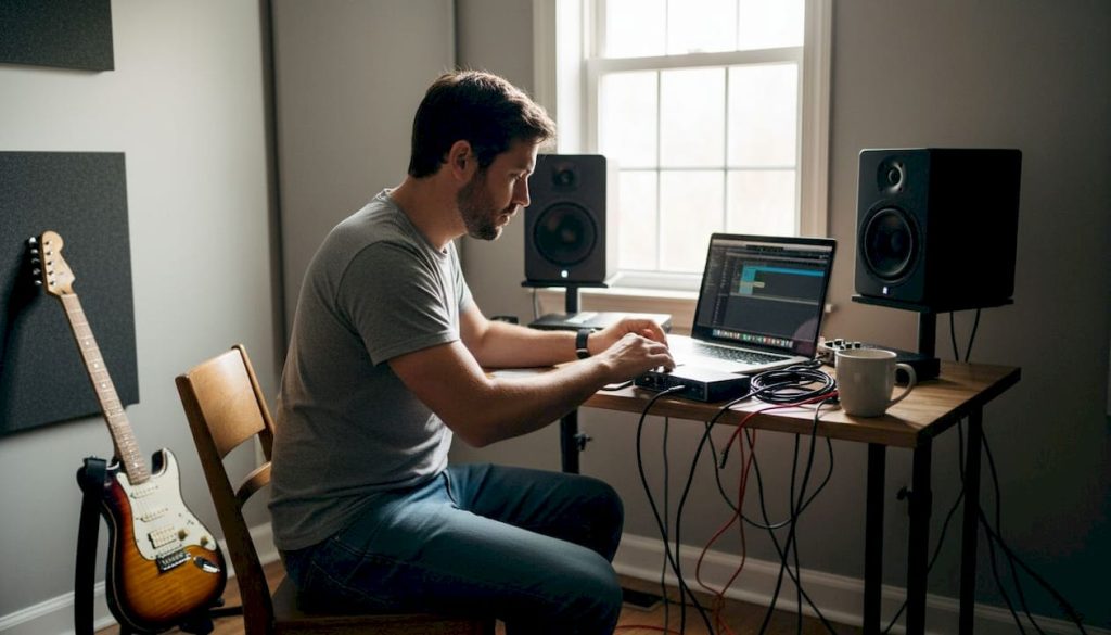 Man installeert audio-interface in zijn eigen thuisstudio