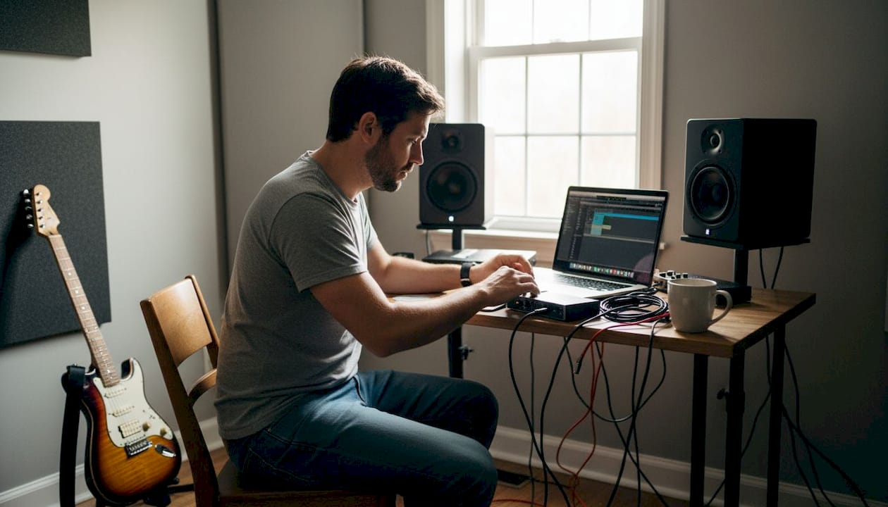 Man installeert audio-interface in zijn eigen thuisstudio