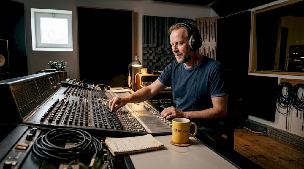Een geluidstechnicus bedient het mengpaneel in de studio.