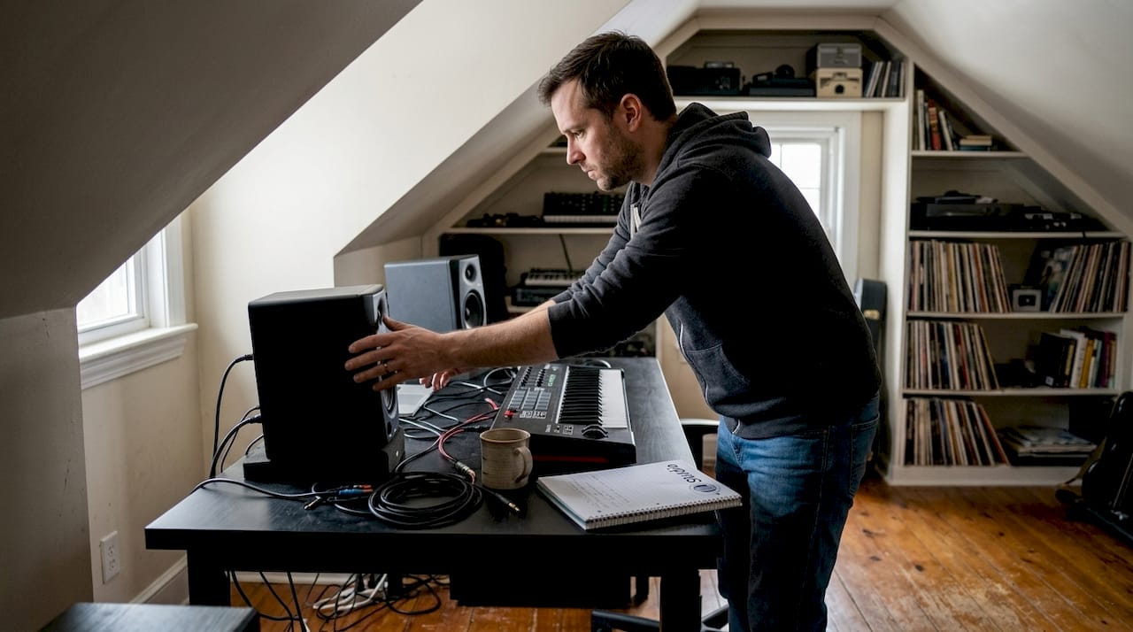 Thuisstudio bouwen: stapsgewijze gids voor de beste inrichting 10 Onder het schuine dak van zijn huis heeft een man een compacte studio ingericht, helemaal afgestemd op thuiswerken en creativiteit.