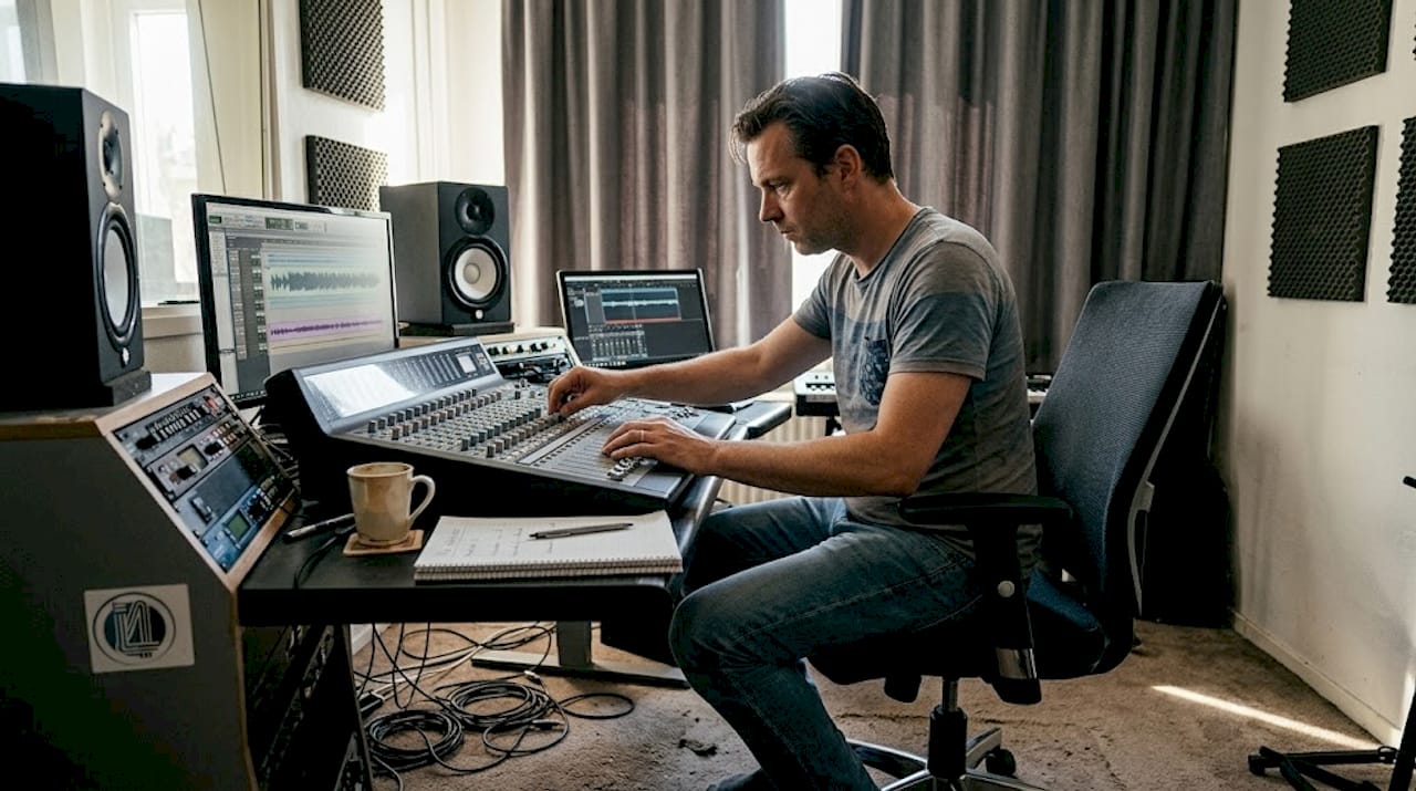 Uitleg room acoustics: optimaliseer je studioruimte 9 Een muziekproducer zit in zijn thuisstudio te werken, omringd door akoestische panelen voor een optimale geluidskwaliteit.
