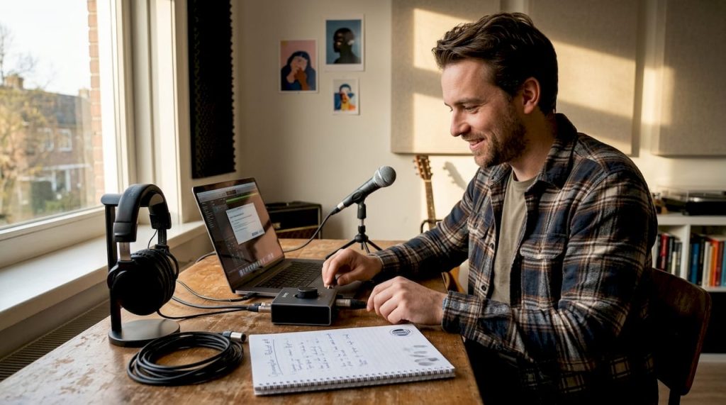 Man installeert audio-interface in zijn thuisstudio