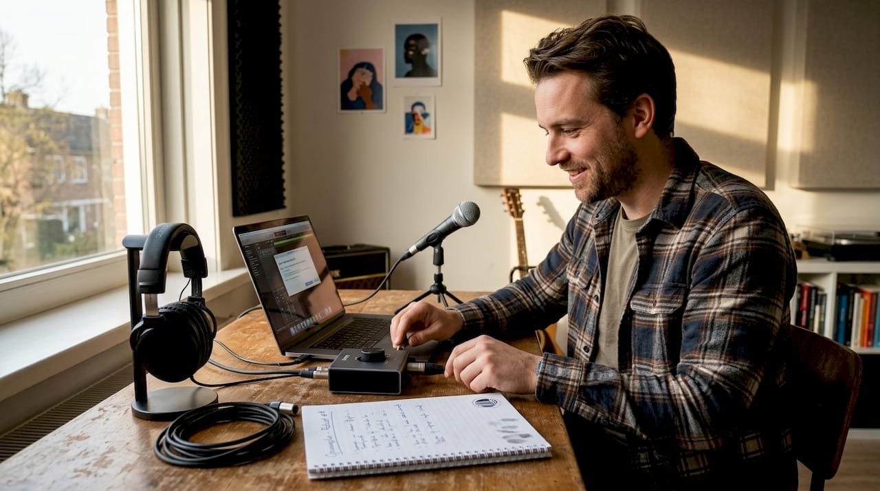 Wat is een geluidskaart? Alles voor de beste studio-opnames 8 Man installeert audio-interface in zijn thuisstudio
