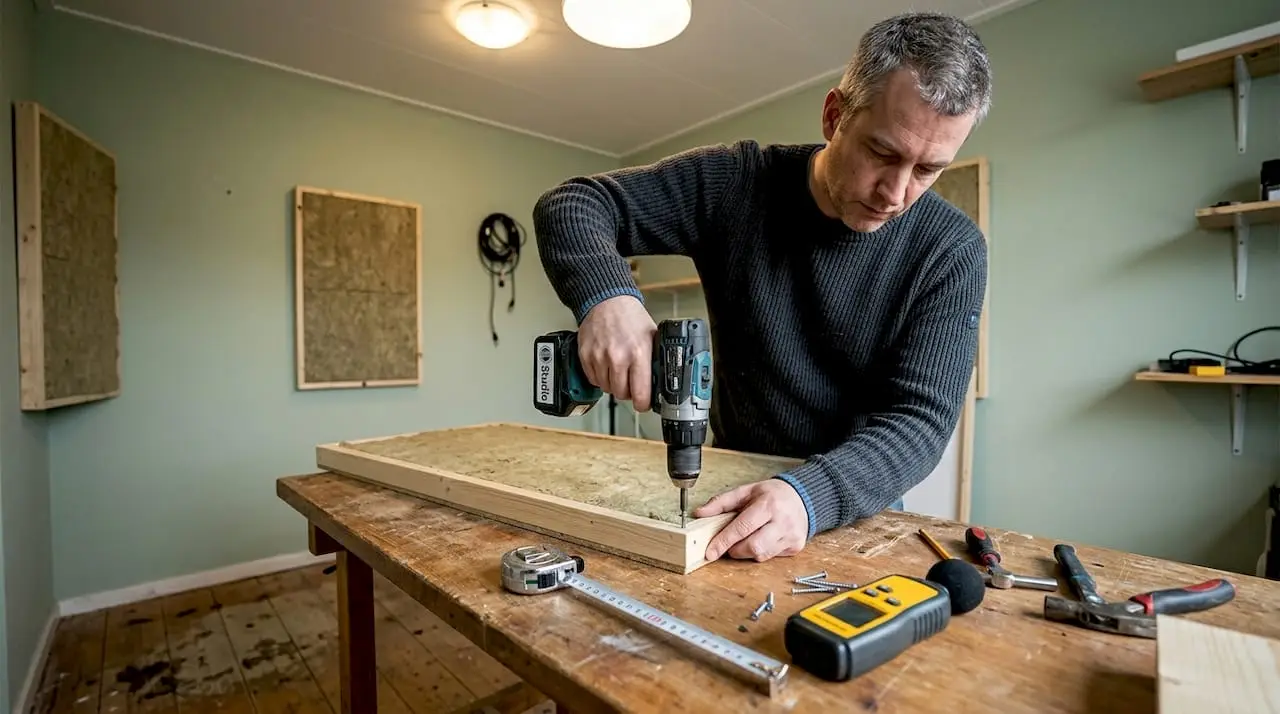 Geluidsisolatie voor studio's: praktische stappen voor betere opnames 7 In zijn studio is een man bezig met het maken van geluidsisolatiepanelen.
