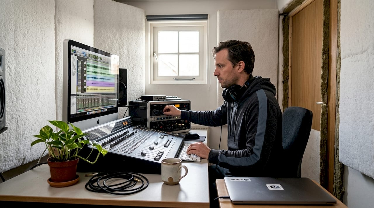Audio isolatie: waarom het cruciaal is voor jouw studio 5 Geluidstechnicus aan het werk in zijn eigen, afgelegen studio aan huis.