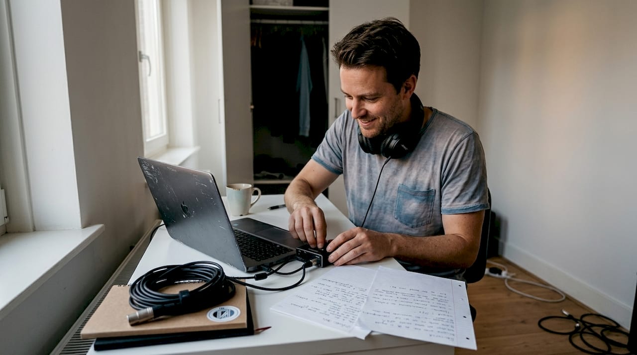 Studio gear voor beginners: wat heb je écht nodig? 6 Een beginner die een compacte thuisstudio inricht