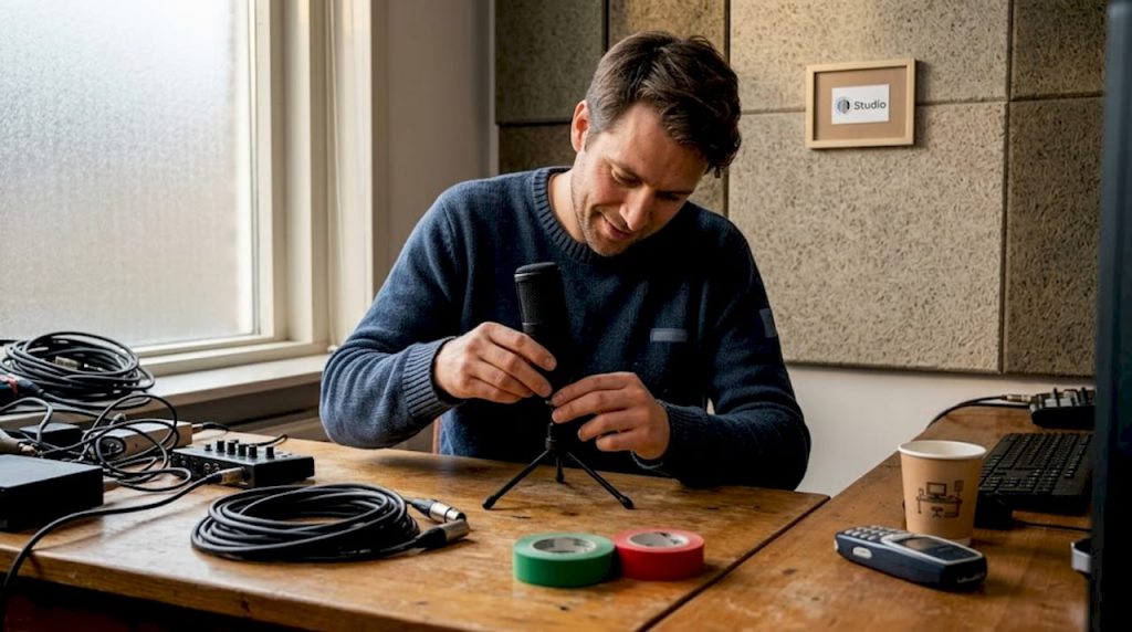 In zijn thuisstudio zet een man zijn microfoon stevig vast op het statief.