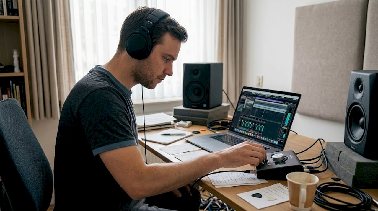 Studio accessoires 2026: top 5 voor muziek en video 1 Muziekproducer aan het werk achter zijn bureau in de thuisstudio