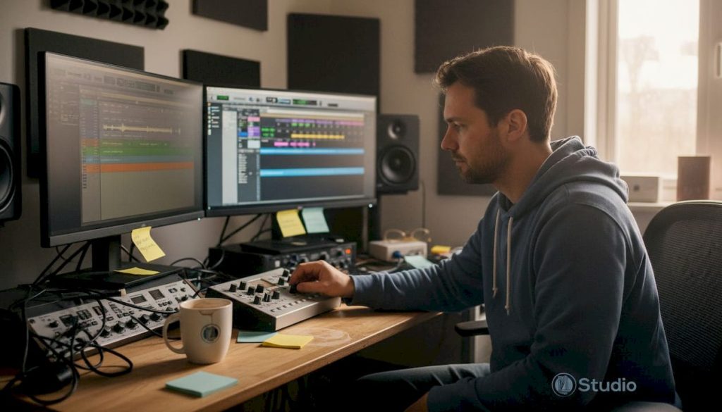 Een muziekproducer zit achter zijn computer in de studio te werken.