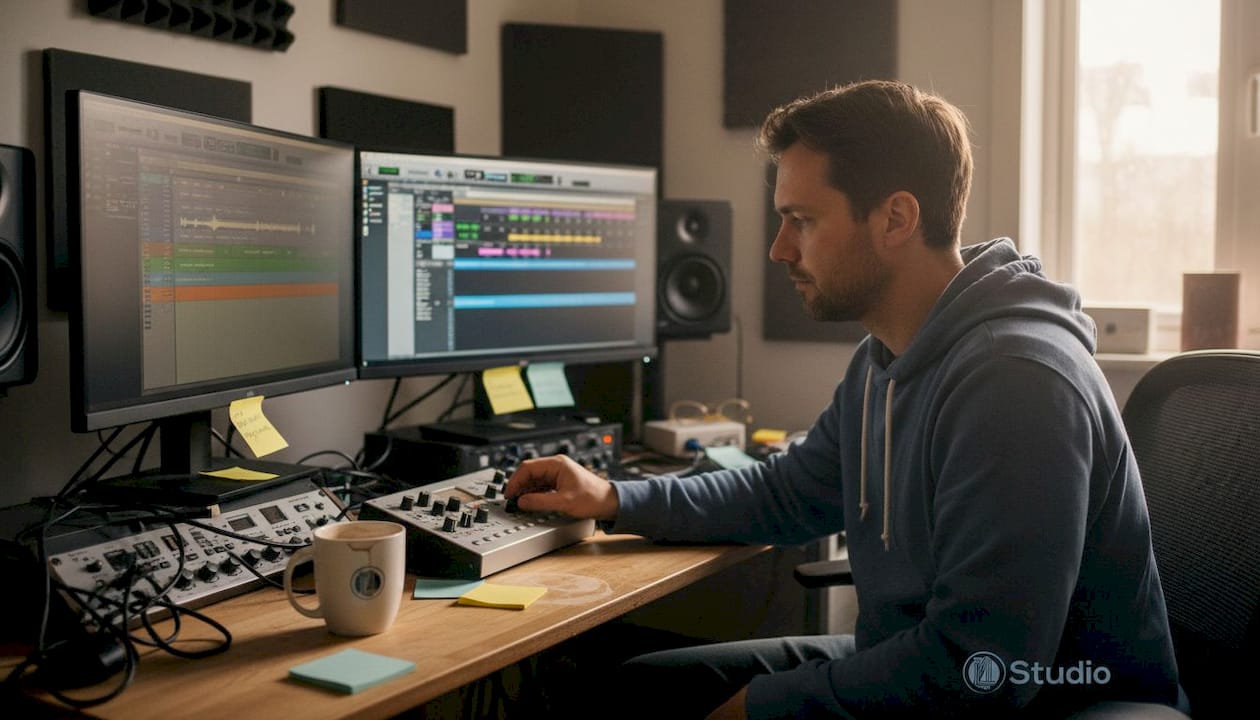 Studio pc componenten voor muziekproductie uitgelegd 9 Een muziekproducer zit achter zijn computer in de studio te werken.