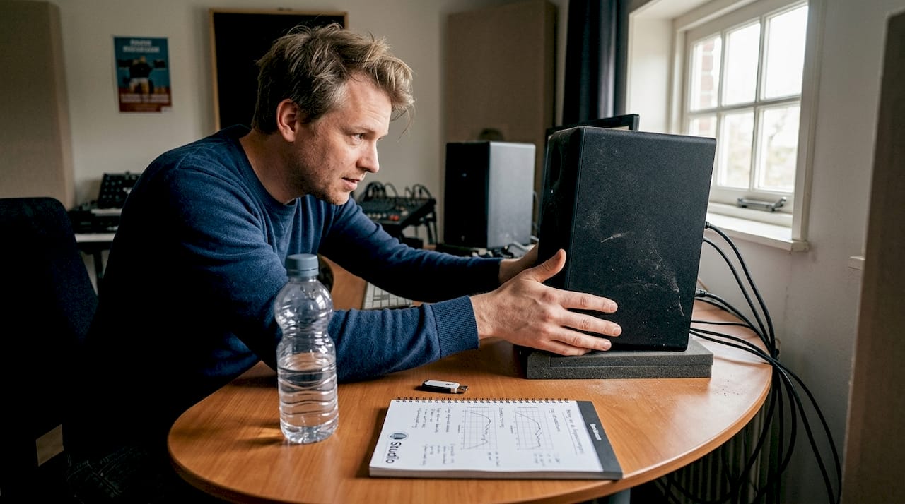 Waarom antivibratie essentieel is voor studiokwaliteit 7 Een man zet zijn studio-monitoren netjes op speciale isolatiepads om trillingen te verminderen.