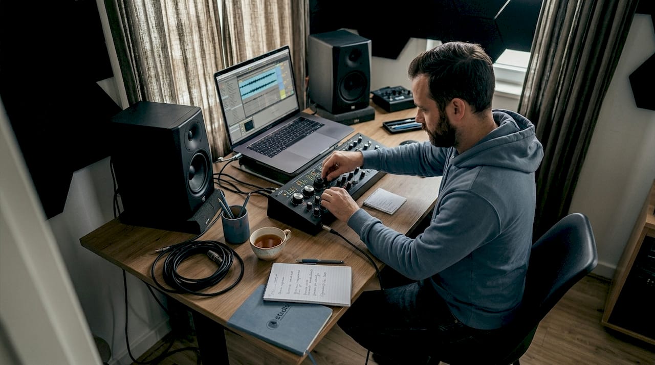 Producer aan het werk in een compacte thuisstudio