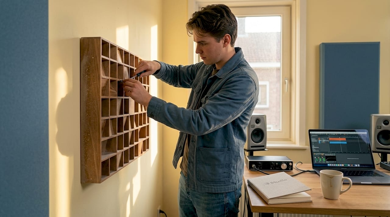 Waarom akoestische diffusors essentieel zijn voor je studio 6 De studiotechnicus bevestigt een diffusorpaneel aan de muur in de studio.