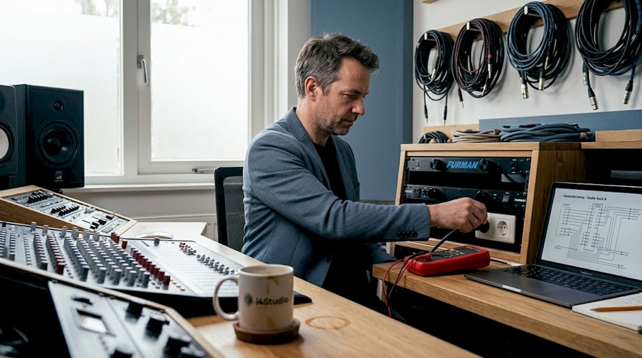 Elektriciteit optimaliseren voor zuivere studiokwaliteit 5 De audio-engineer is verantwoordelijk voor het beheer van de stroomvoorziening in de studio.