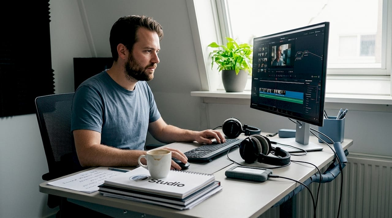 De juiste computer voor videobewerking: zo kies je 4 Iemand is thuis bezig met het monteren van video's in zijn eigen studio.