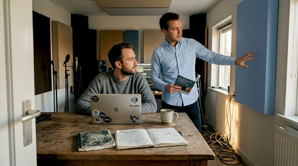 Twee muziekproducers brainstormen samen in een knusse studio aan huis.