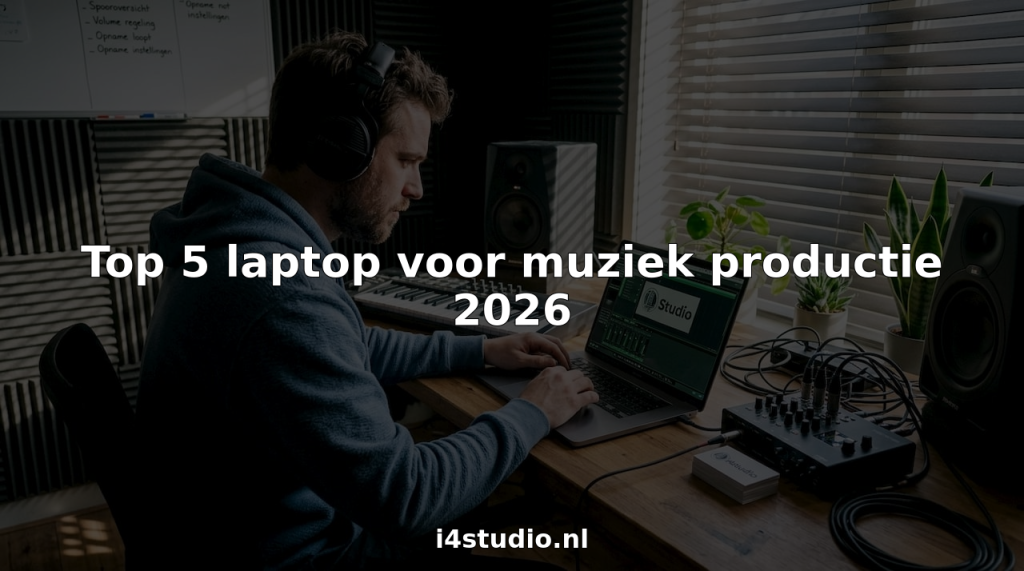 Een producer zit in de studio achter zijn laptop te werken aan nieuwe muziek.