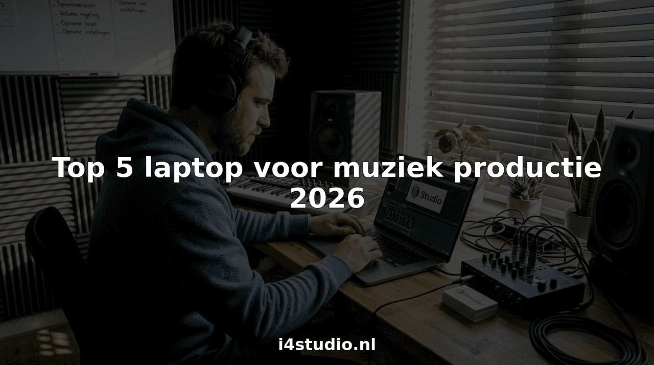 Top 5 laptop voor muziek productie 2026 1 Een producer zit in de studio achter zijn laptop te werken aan nieuwe muziek.