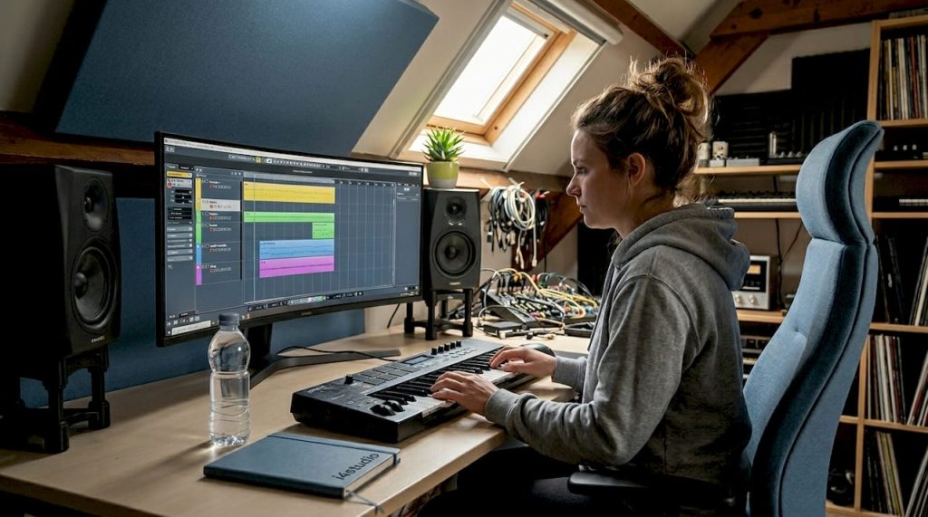 Een producer is thuis aan het werk in zijn studio met muziekproductie-software.