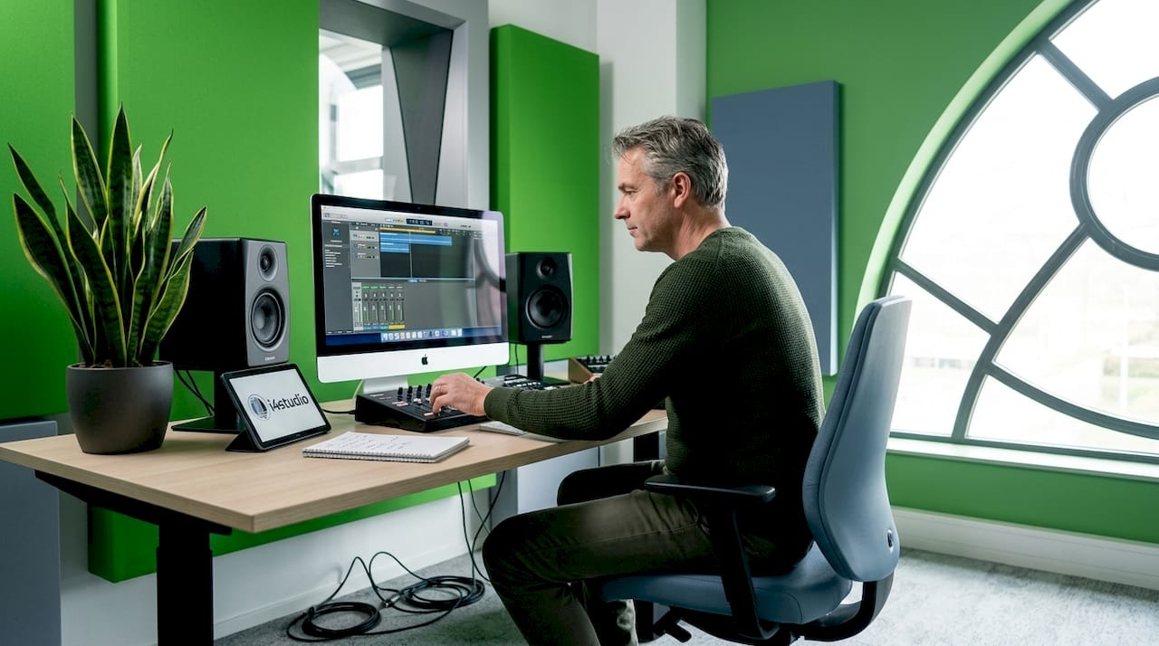 Radiostudio met een computer, diverse geluidsapparatuur en een presentator aan het werk