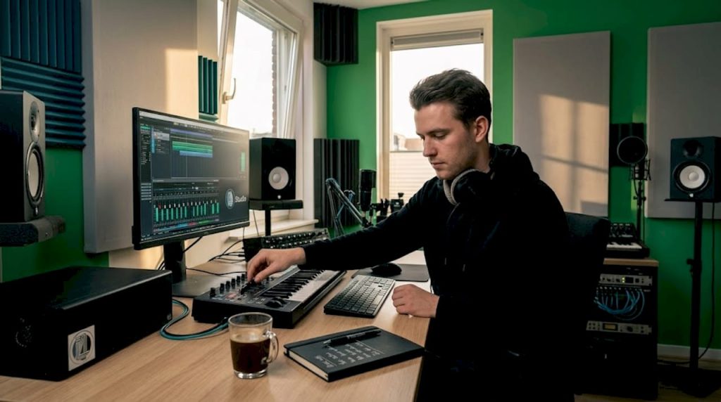 Een muziekproducer aan het werk achter zijn bureau in een thuisstudio.