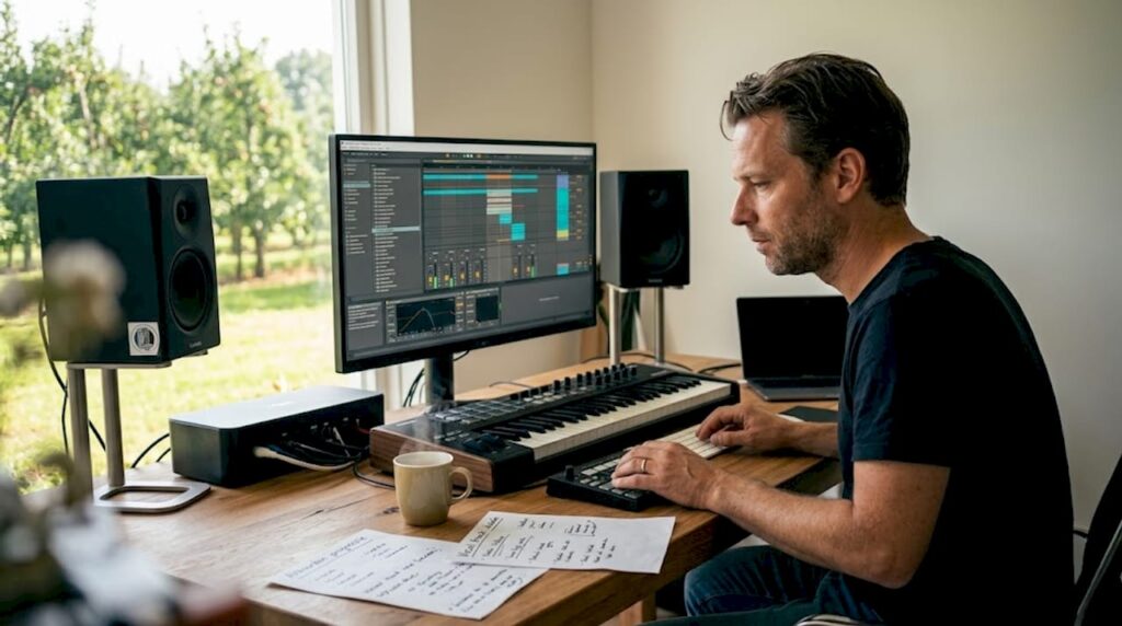 Een muziekproducer werkt vanuit huis en maakt daarbij volop gebruik van samplebibliotheken.