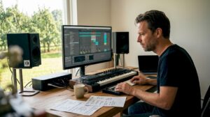 Een muziekproducer werkt vanuit huis en maakt daarbij volop gebruik van samplebibliotheken.