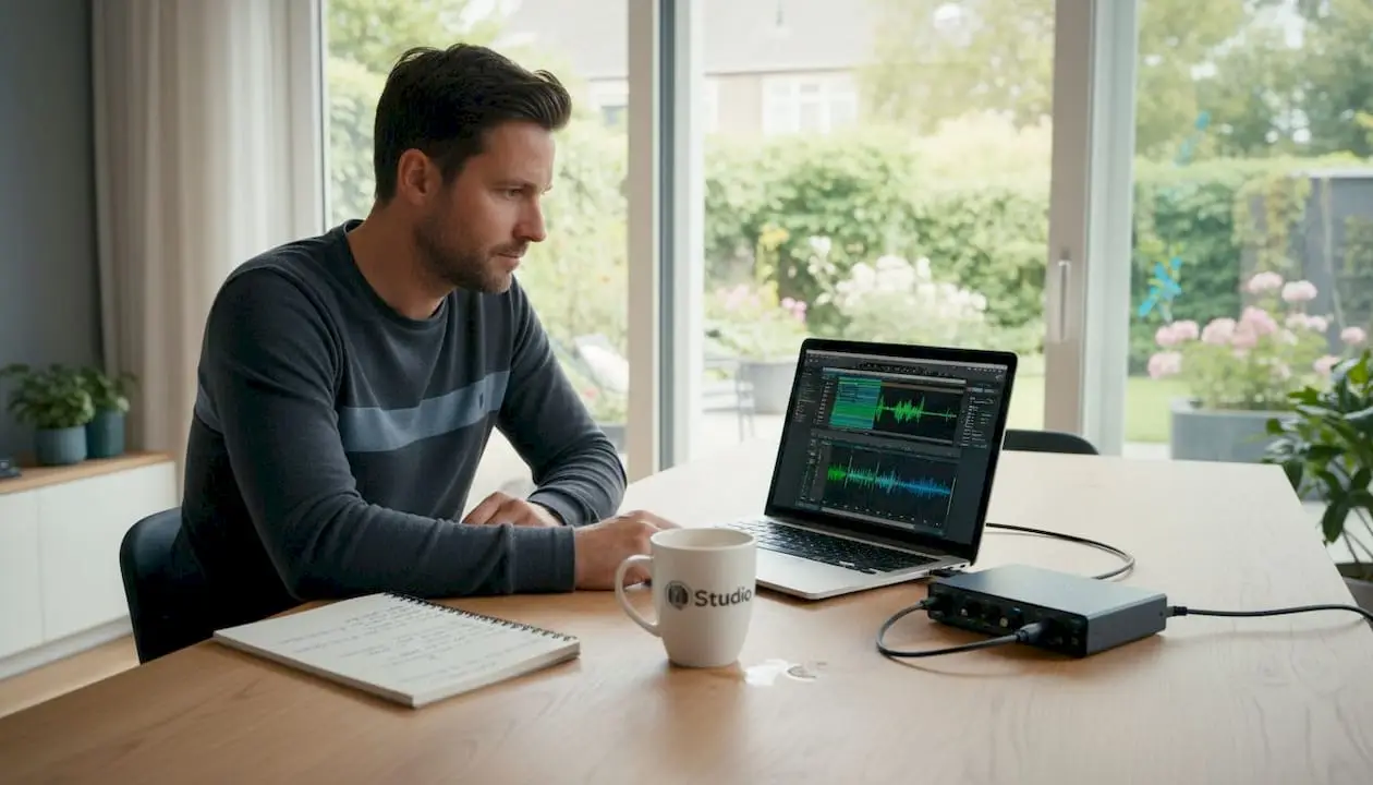Een audio-interface aangesloten op een laptop, gewoon bij iemand thuis.