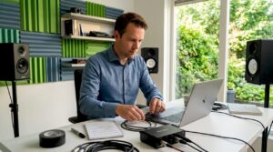 Man installeert audio-interface in zijn thuisstudio