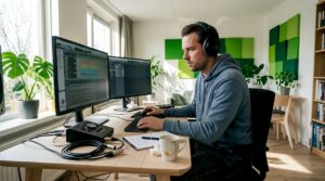 Producer controleert de signaalstromen in zijn thuisstudio